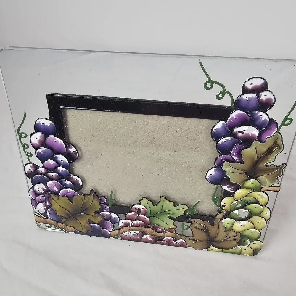 Stain Glass Picture Frame Grapes Leafs Hand Painted 3D Purple Green Grapevine
